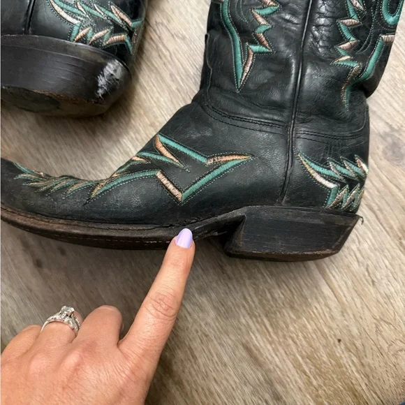 Lucchese Black and Turquoise Snip Toe Western Cowboy Boots Size 7 - Picture 11 of 16